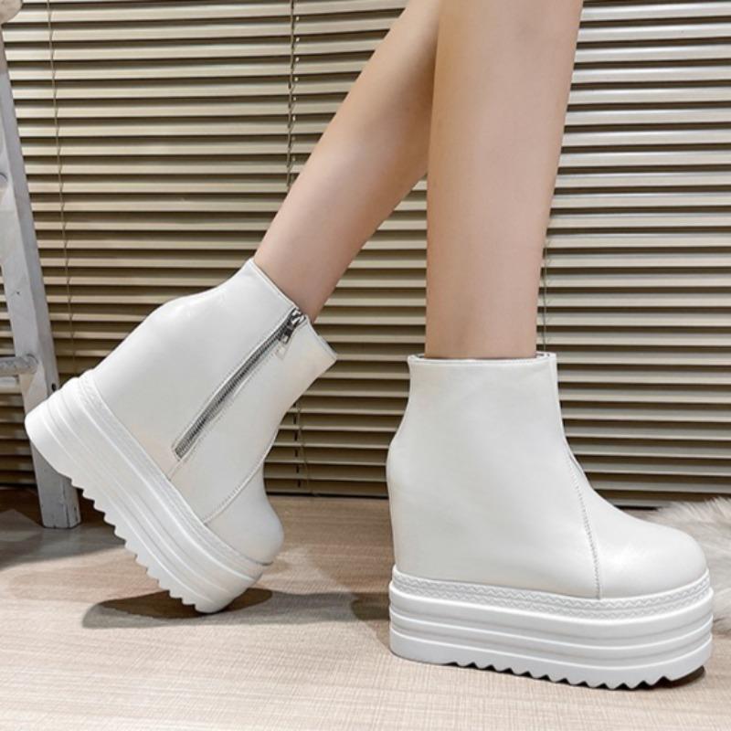 Fashion Fashion Inside Heightened Wedge Heel Booties Fall/Winter New Round Toe Spliced Side Zipper Platform Non-Slip Single Shoes