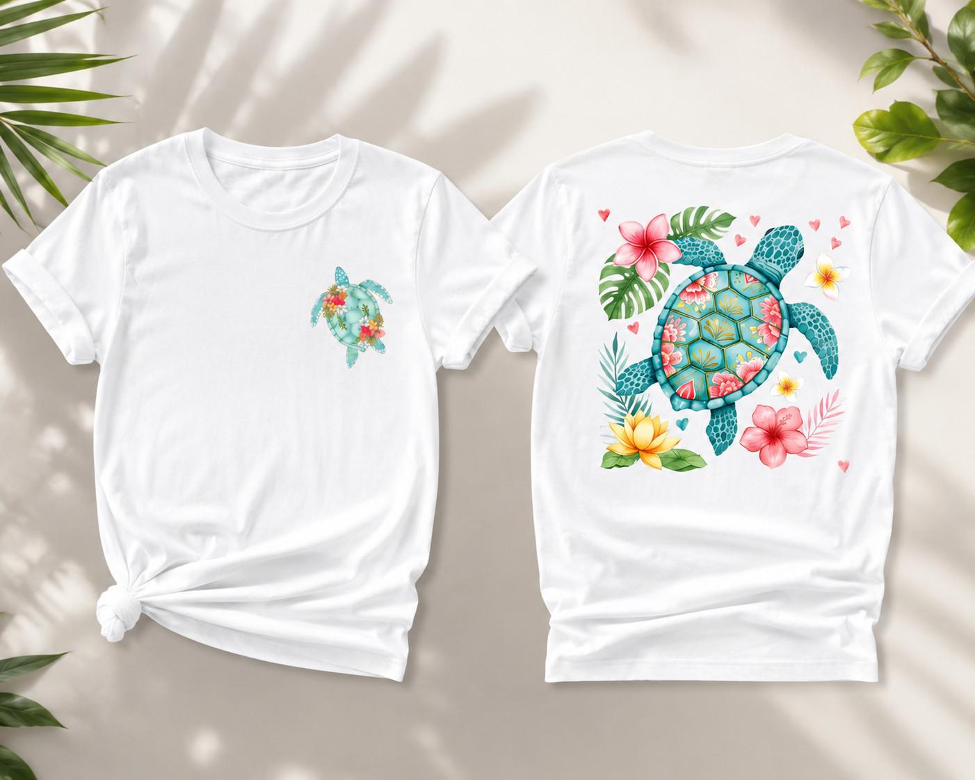 Sea Turtle Floral Graphic T-Shirt Tropical Beach Ocean Front & Back Unisex Tee XXL