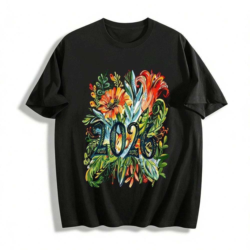 

2026 Floral Art Print New Year Vibe Casual Top Pure cotton T-shirt XXS