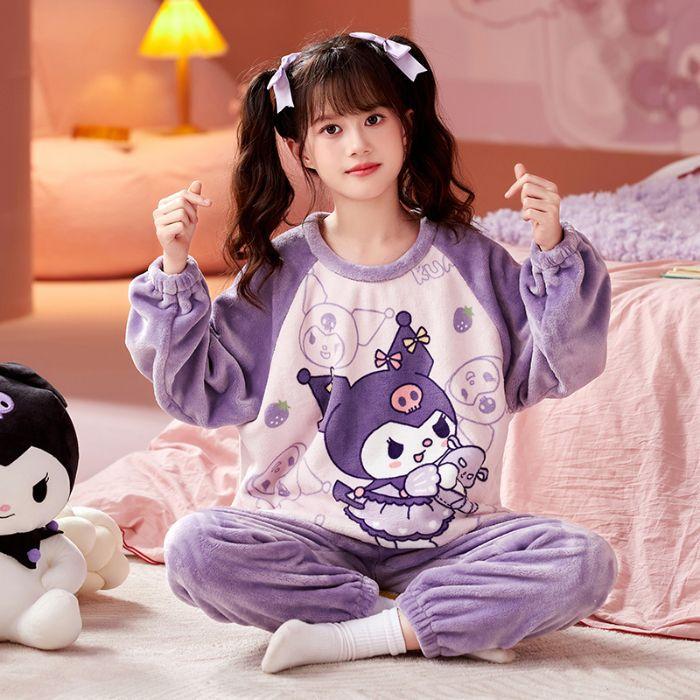 Kids Flannel Pajamas Set Boys Girls Warm Long Sleeve Top And Pants Sleepwear Winter Home Nightwear