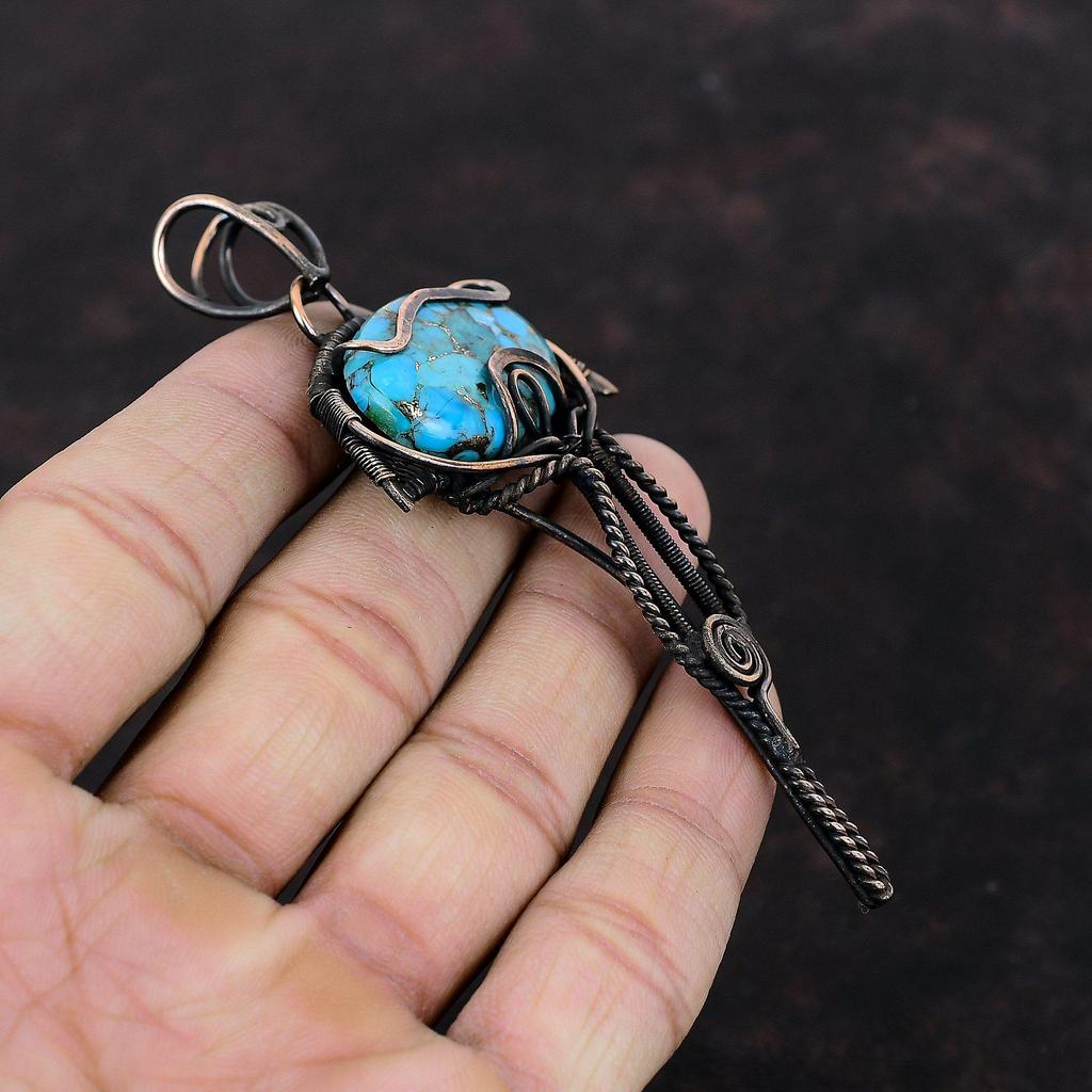 Copper Blue Turquoise Pendant Copper Wire Wrapped Jewelry Gemstone Pendant For Women Handmade Jewelry Copper Wire Wrap Pendant Gift For Her
