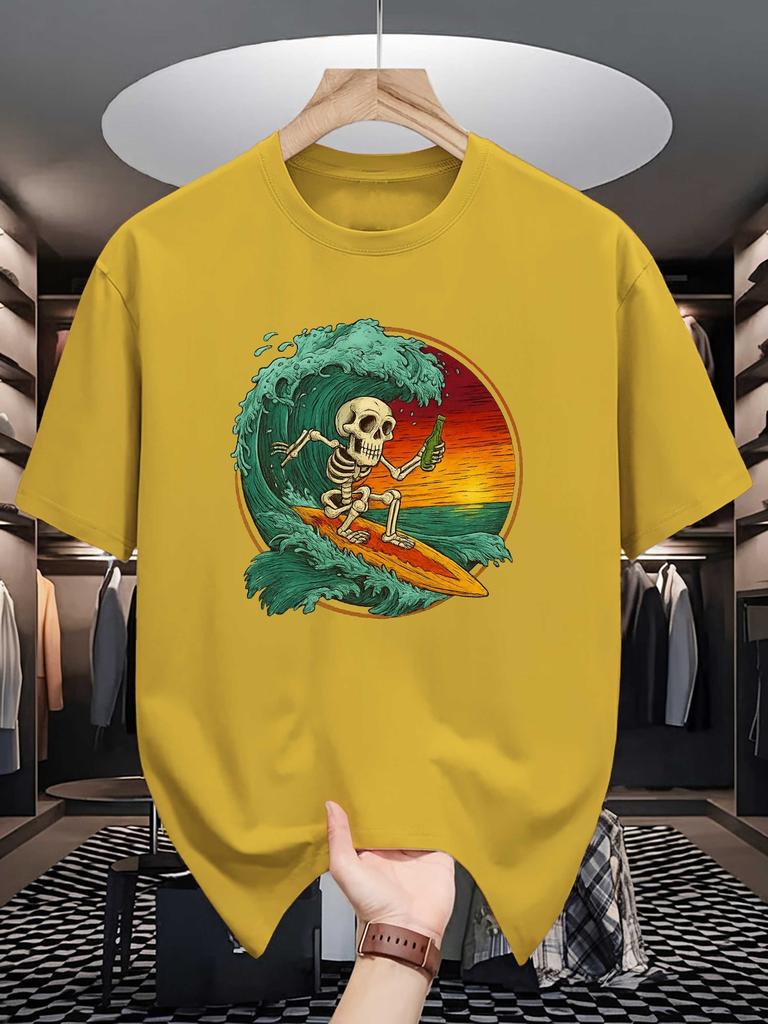 Unisex Crew Neck Tee Retro Skeleton Surf Ocean Wave Art Print Soft Cotton Loose Short Sleeve Summer Casual Male Streetwear Tops
