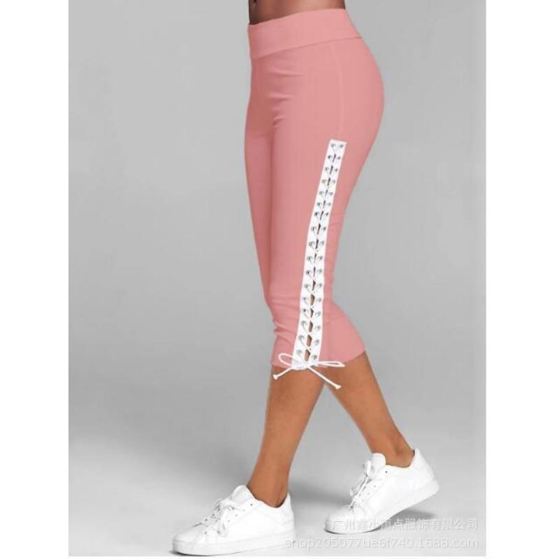 Womens Slim Fit Eyelet Lace Up Capri Leggings Multi Color