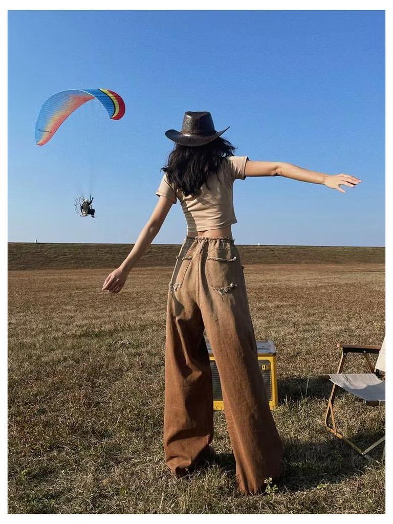 Women's American Retro Gradient Jeans: Large Size, Slim, Wide-Leg, Raw Edge Design for Spring and Autumn