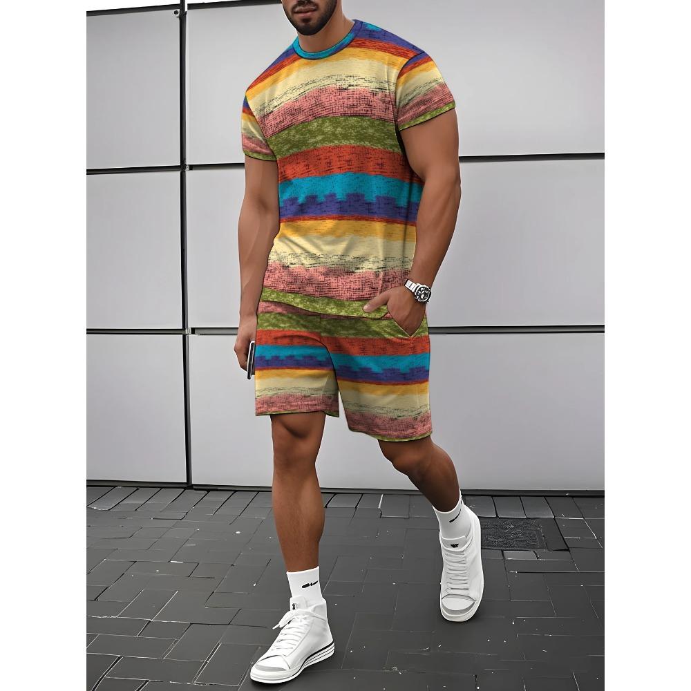Men s Rainbow Stripe Short Sleeve Set, Casual Short Sleeve Shorts Fashion Sportswear, Summer Men s Clothing S