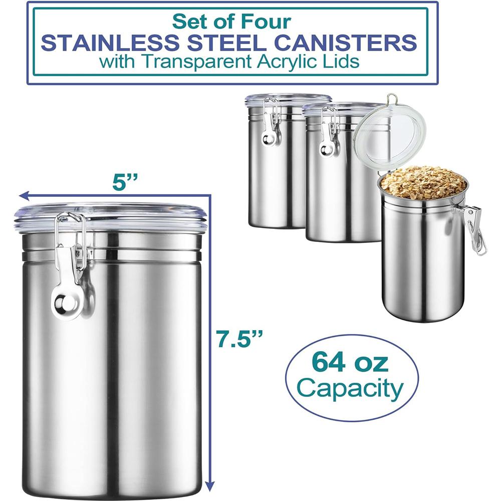 Stainless Steel Canister Set with Lids - Airtight Food Storage Canisters for Kitchen Counters, Tea, Sugar, Flour, Coffee Beans
