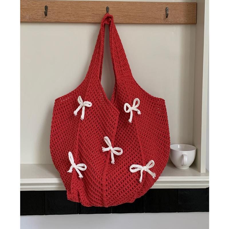 Vintage Design Women s Knitted Shoulder Bag Sweet Bow Ladies Travel Tote Handbags Large Capacity Portable Ladies Shopping Bags