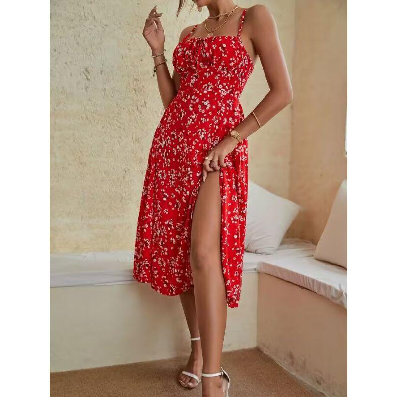 

Женская одежда для внешней торговли 2025 Весна/Лето Новое поступление Мода Мода Цветочный квадратный воротник Короткий рукав Приталенное с оборками Платье Red XS