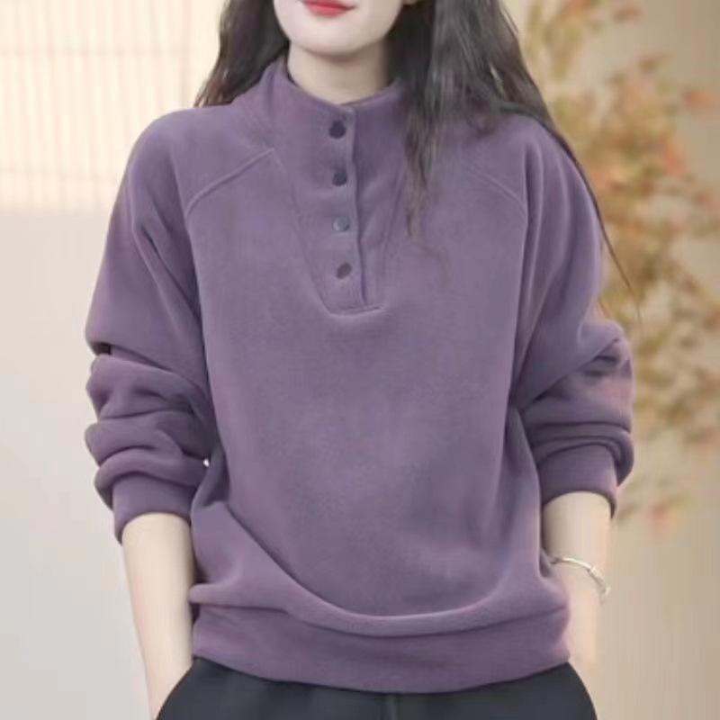 Women's 2025 Autumn/Winter Velvet Sweatshirt: Button Stand-Up Collar, Loose Fit, Plus Size, Fleece-Lined, Warm, Long-Sleeved Top