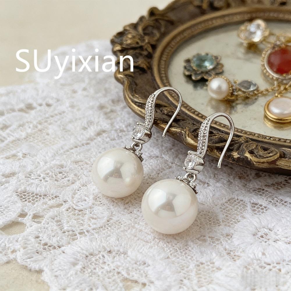 925 Sterling Silver Simple Stylish 12mm Petal Pearl Zircon Earrings Birthday Party Anniversary Gift серебряный