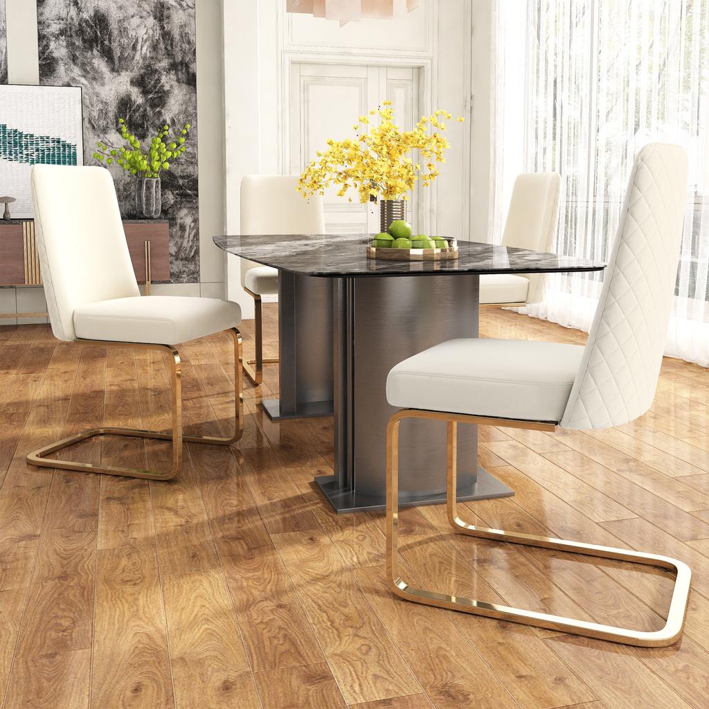Velvet Dining Chair, Set of 2, Luxurious, Lounge Chair, Diamond Back Design, with Gold-Colored Metal Support Legs, Beige[OLD SKU:WF317940AAB]
