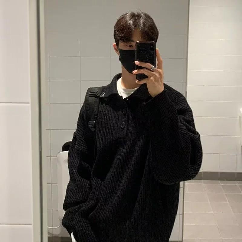Men's Oversized Knit Polo Collar Sweater - Autumn/Winter Trendy Hong Kong Style, Solid Color Lapel Shirt
