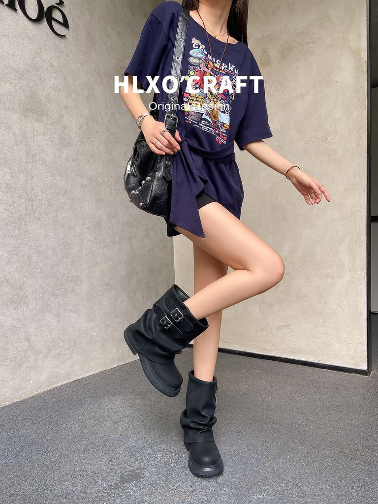 New Autumn and Winter Martin Boots Women's Maillard Platform Heightening Short Locomotive Slack Wrinkled Stack Boots