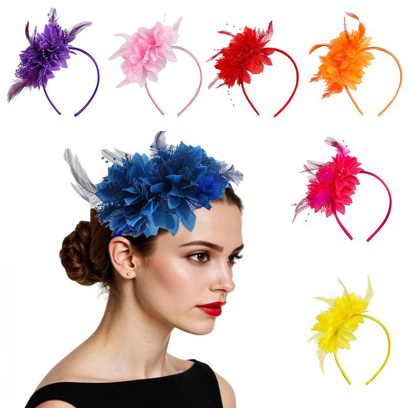 1PC Flower Headpiece Glam Cocktail Tea Party Hair Accessories Feather Headband 10 Colors Feather Fascinators for Women & Girls