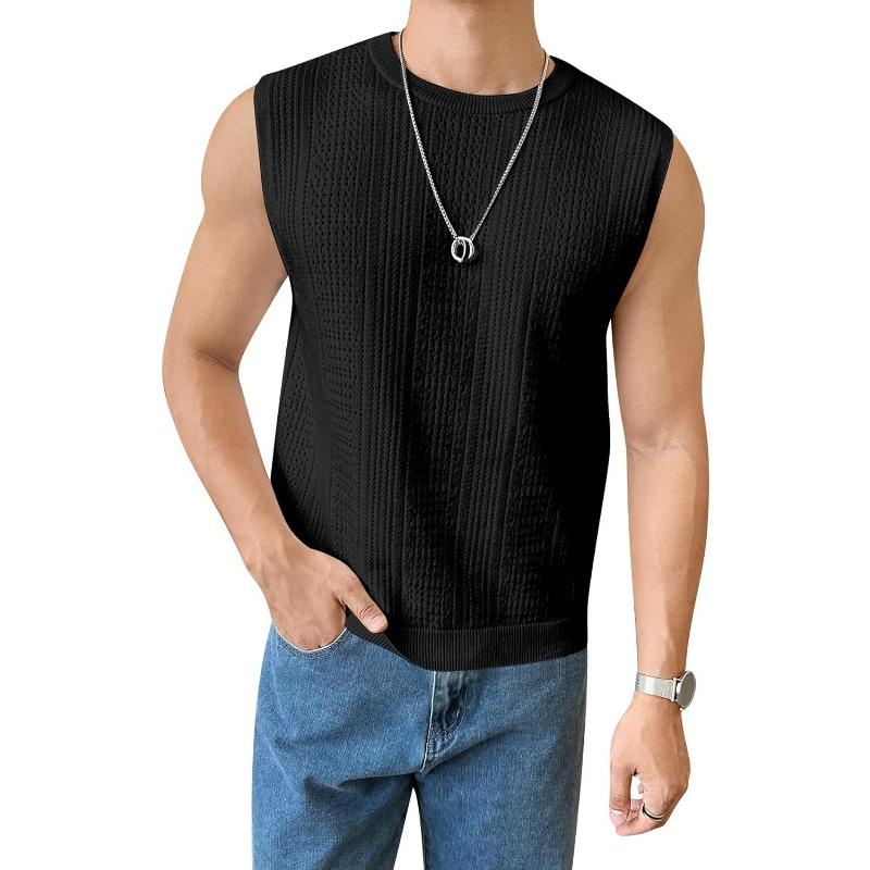 Mens Summer Solid Breathable Round Neck Casual Knitted Sleeveless Top