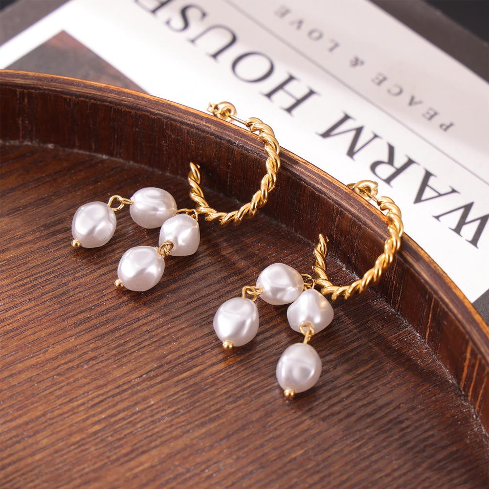 Bohemian Twist Faux Pearl Earrings: Elegant 18k Gold-Plated Titanium Steel Studs