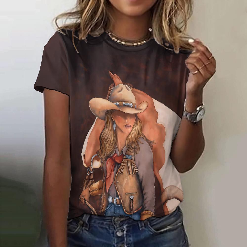 Retro Western Women's Short Sleeved T-shirt Top Loose Cowboy 3D Printed T-shirt