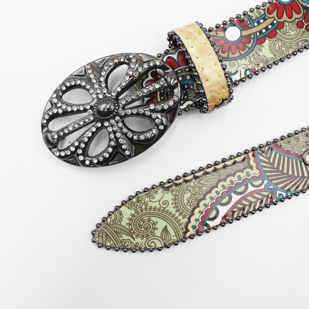 Y2K Ethnic Style Retro Rhinestone PU Leather Belt by American Yabby
