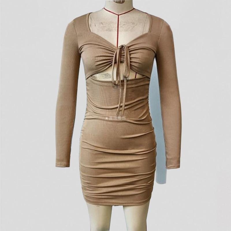 Women's Spring Design Sense Hollow Pure To Fold Drawstring Hanging Neck Long-sleeved Dress