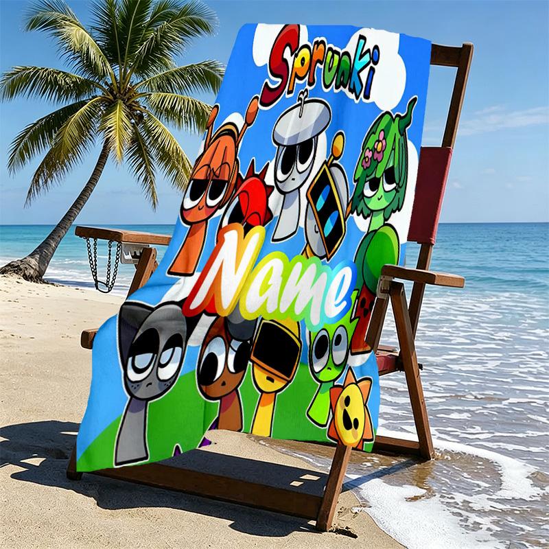Custom Name Personalized Sprunki Game Print Beach Towel, for Trip Camping Beach Party Home Decor, Birthday Gift for Family & Friends