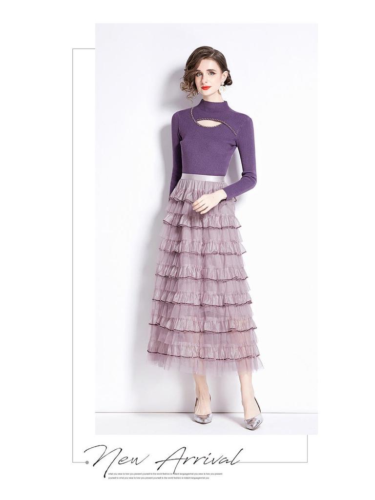 Women's Long-Sleeve Knitted Patchwork Dress Set