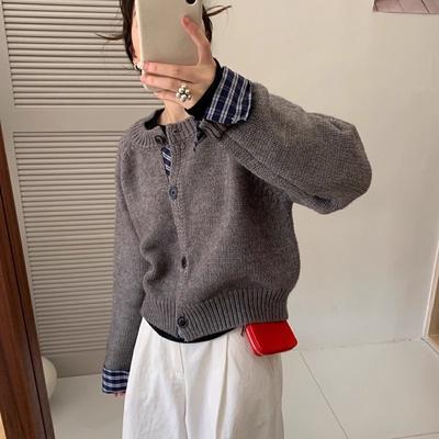 Crew Neck Splicing Fake Two-piece Sweater Women's Autumn and Winter New Outer Wear Knitted Cardigan Outer Top