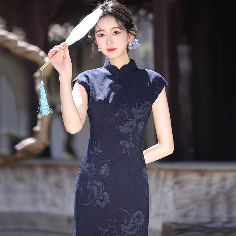 Blue national style new Chinese style Suzhou sleeveless long cheongsam improved young 1011 new women's high sense summer