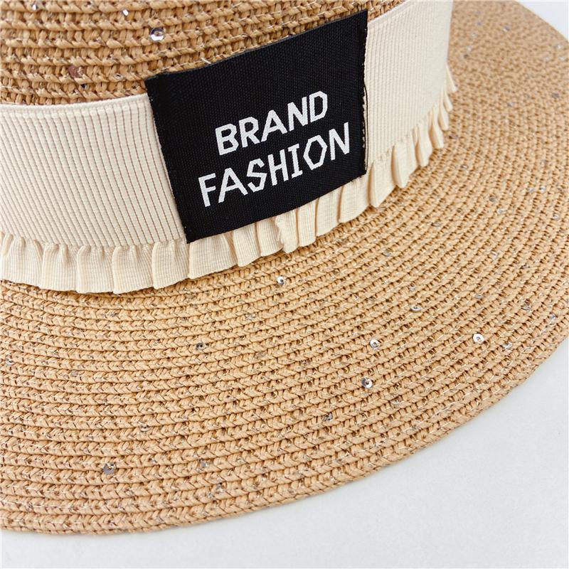 Ladies Summer Sun Protection Hat Women's Beach Hat Versatile Patch Straw Hat Flat Edge Straw Hat Letter Strap