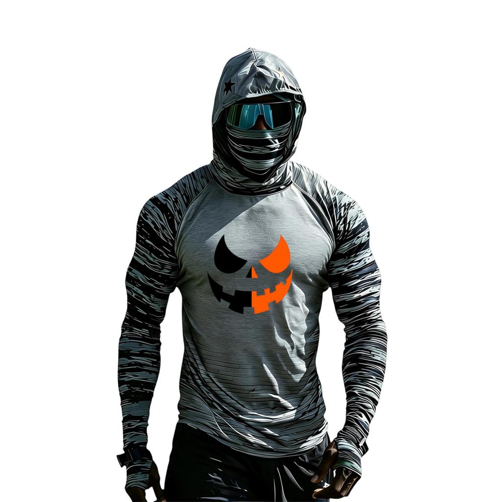 Men's Long Sleeve Hooded Sun Top with Color Block Raglan Sleeves Halloween Print