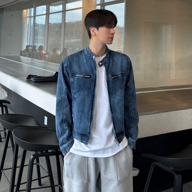 

Дизайнерская короткая джинсовая куртка мужская осенняя свободная куртка с воротником-стойкой в корейском стиле с модным потертым верхом 2XL синий