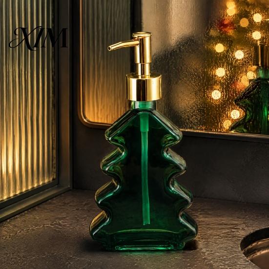 Christmas Tree Soap Dispenser 300ml Dispenser, Glass Hand Dish with Pump, Table Centerpiece Xmas Decorative Empty Bottle for Soap, Kitchen,