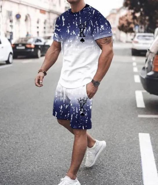 Europejski amerykański zestaw męskich T-shirtów Lato Nadruk 3D Litery Karty do gry Spodenki Krótki rękaw Kombinezon 2-częściowy zestaw Casual
