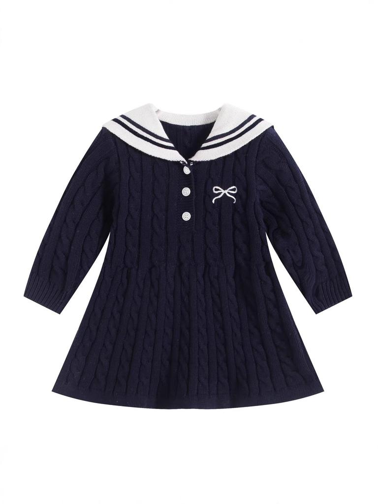 Sonbahar ve Kış İçin Pamuklu Kolej Tarzı Örgü Fiyonklu Bebek Kız Prenses Elbise