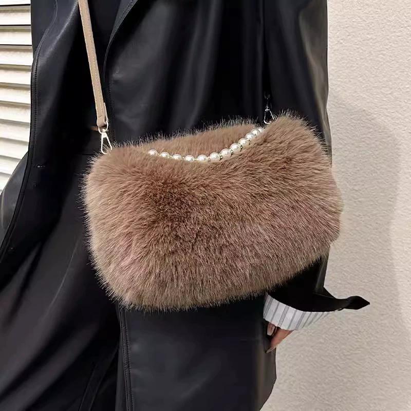 Yogodlns Winter Fashion Women's Faux Fur Shoulder Bags Candy Color Pearl Handle Crossbody Bag Small Fluffy Female Pillow Handbags