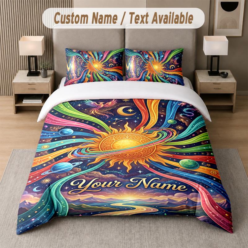Set de lenjerie de pat cu tematică spațială cosmică, text sau nume personalizat, 3 piese: 1 cearșaf plat și 2 fețe de pernă, lenjerie de pat personalizată pentru casă
