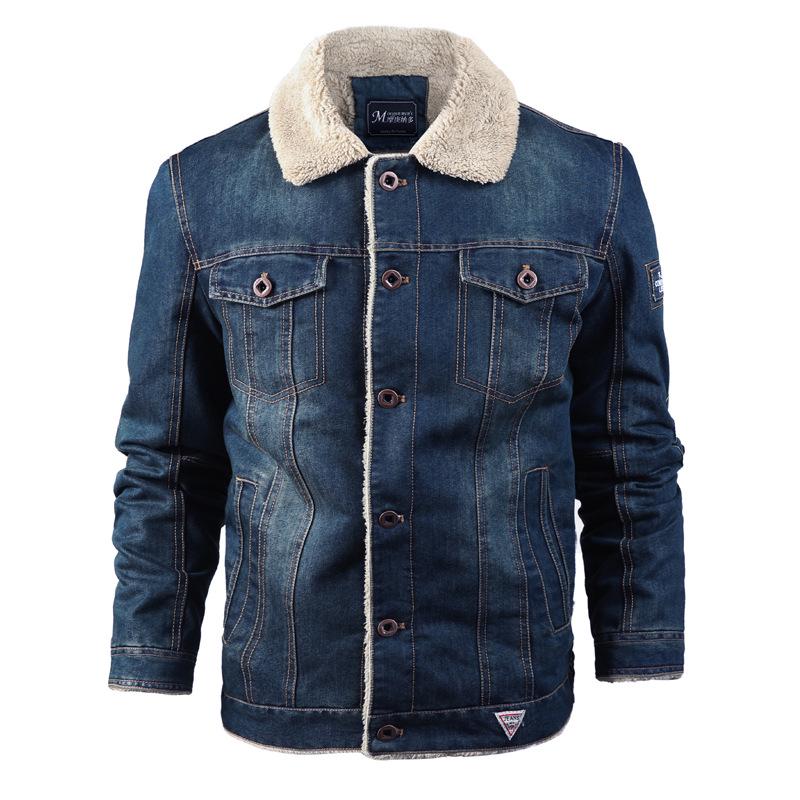 Men's Winter Fleece-Lined Denim Jacket - Loose Fit, Turn-Down Collar, Plus Size