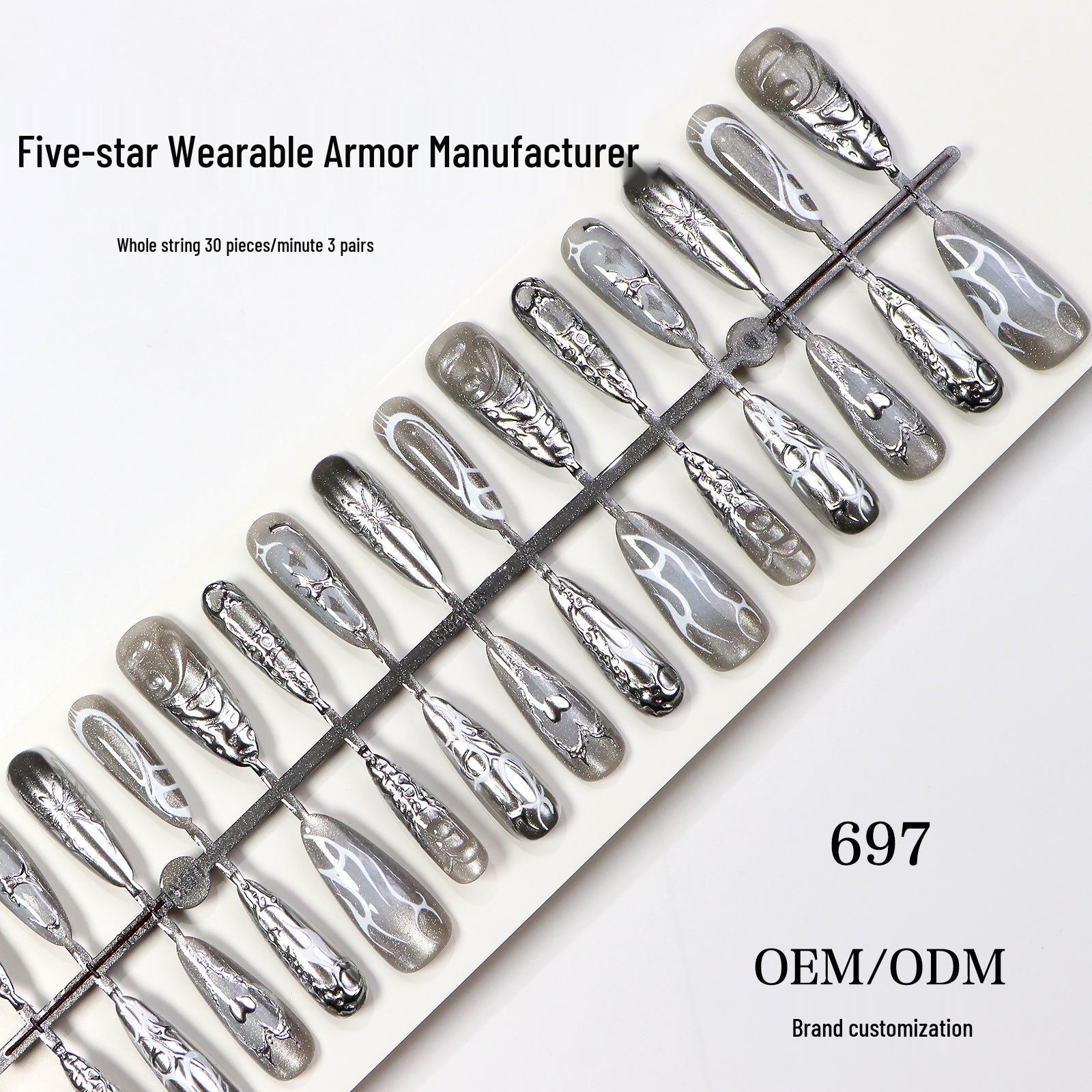 3D Almond-shaped Transparent Cat Eye Embossed Silver Amber Carved Manicure Nail Tips