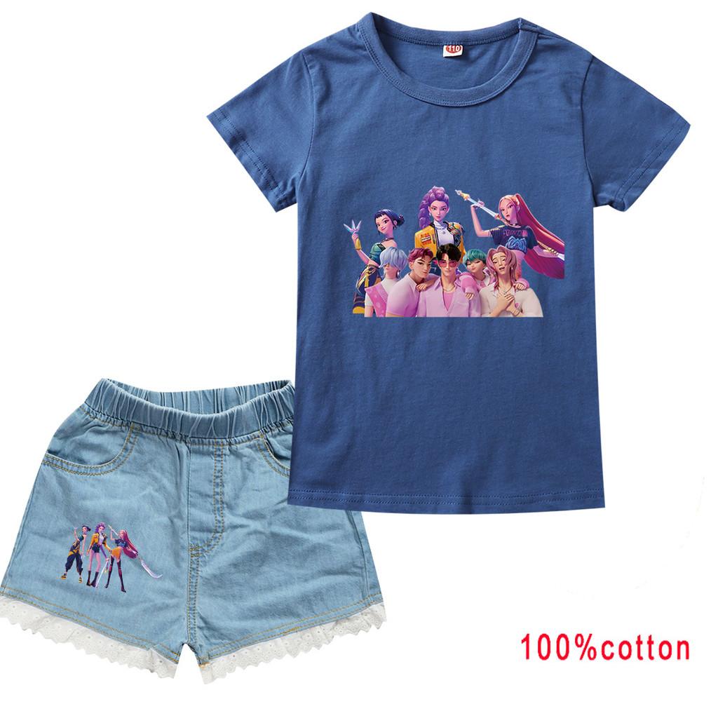 

Детская Девочка Аниме Мультфильм Суперзвезда Руми Зои Мира ПОП Певица Принт Хлопковая Футболка с Коротким Рукавом Джинсовые Шорты Комплект Одежды 160cm королевский синий