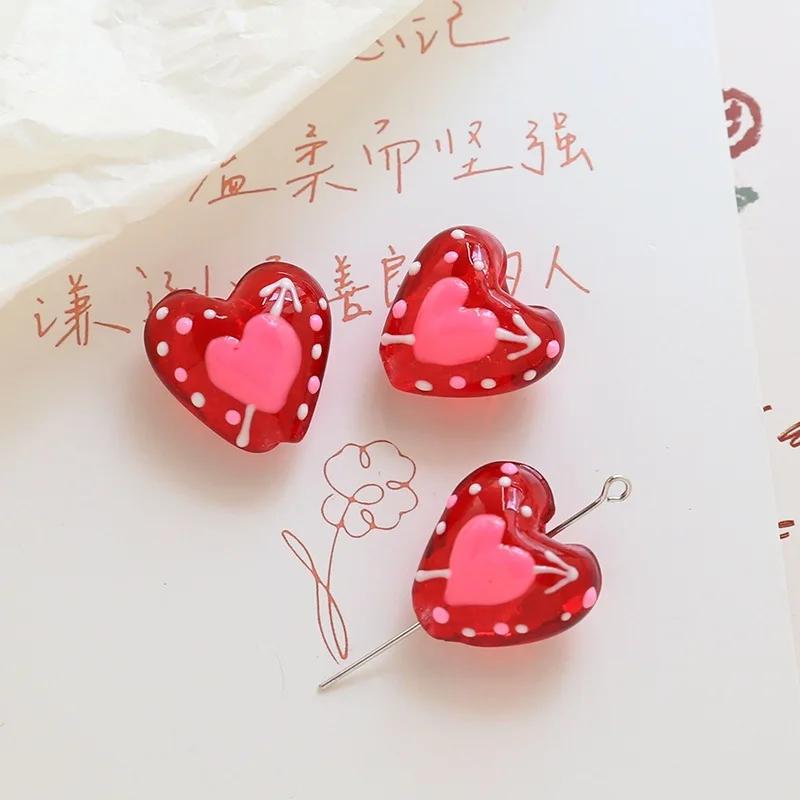 TX76 20mmx19mm 2pcs Cute Glass Petite Heart Beads DIY Straight Hole Exquisite Making Heart Love Red Handmade Bracelet Material