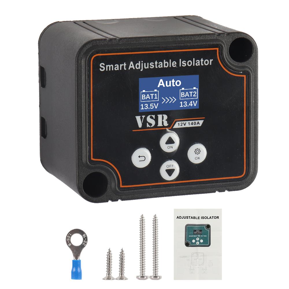 12V 140A Adjustable Dual Battery Isolator Split Charge Dual Battery Smart Isolator LCD Display Voltage Setting For Camper Car RV