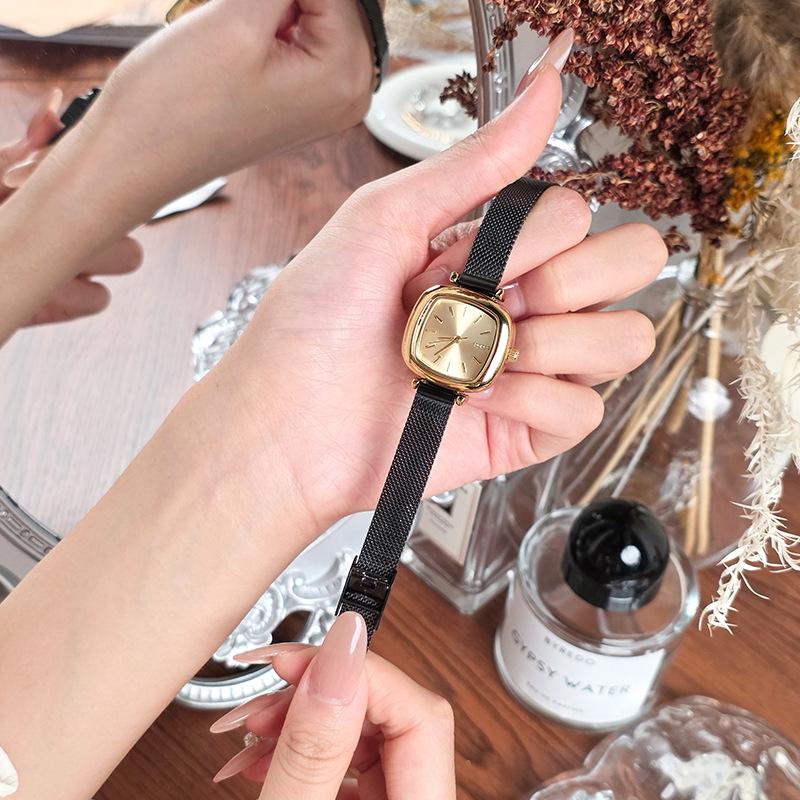 Sleek Black Gold Small Square Quartz Watch, Versatile Steel Band, Waterproof Casual Design