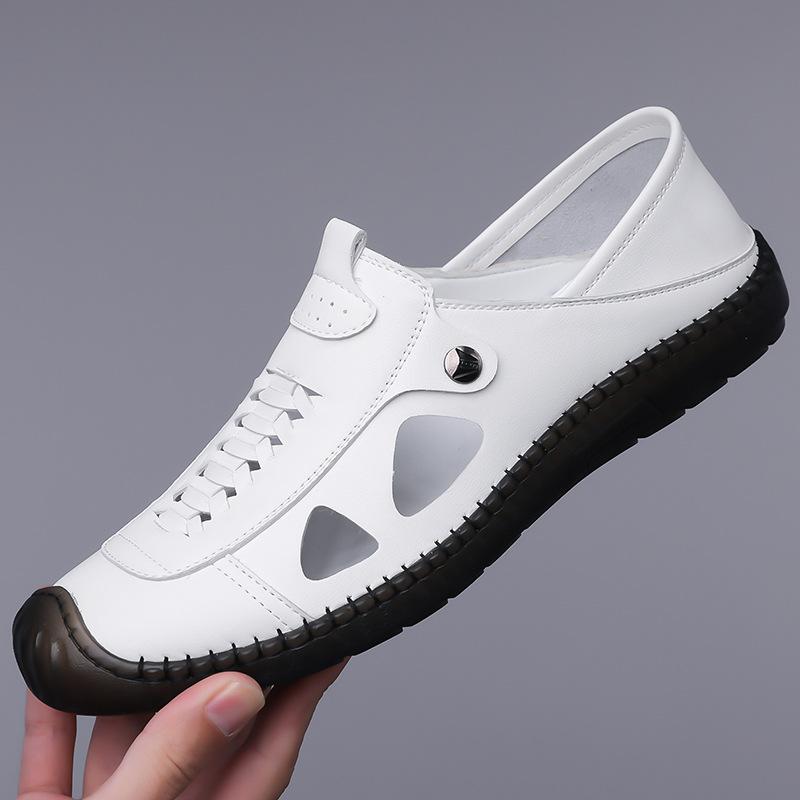 Mens Handmade Leather Sandals Fashion Outdoor Casual Sandals New Breathable Hollow Out Men Sandals Non Slip Flat Beach Sandalias