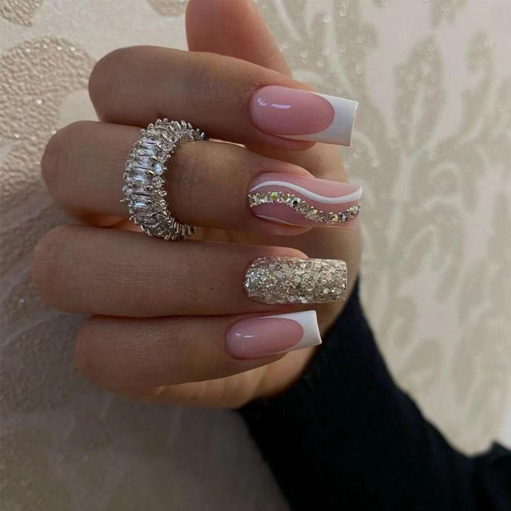 

24pcs Nail Tips Press on Nails Full Cover White Edge Love Heart Fake Nails Ballerina Long French