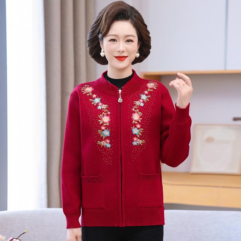 Plus Velvet Thick Knit Cardigan: Warm Outerwear for Middle-aged and Elderly Women
