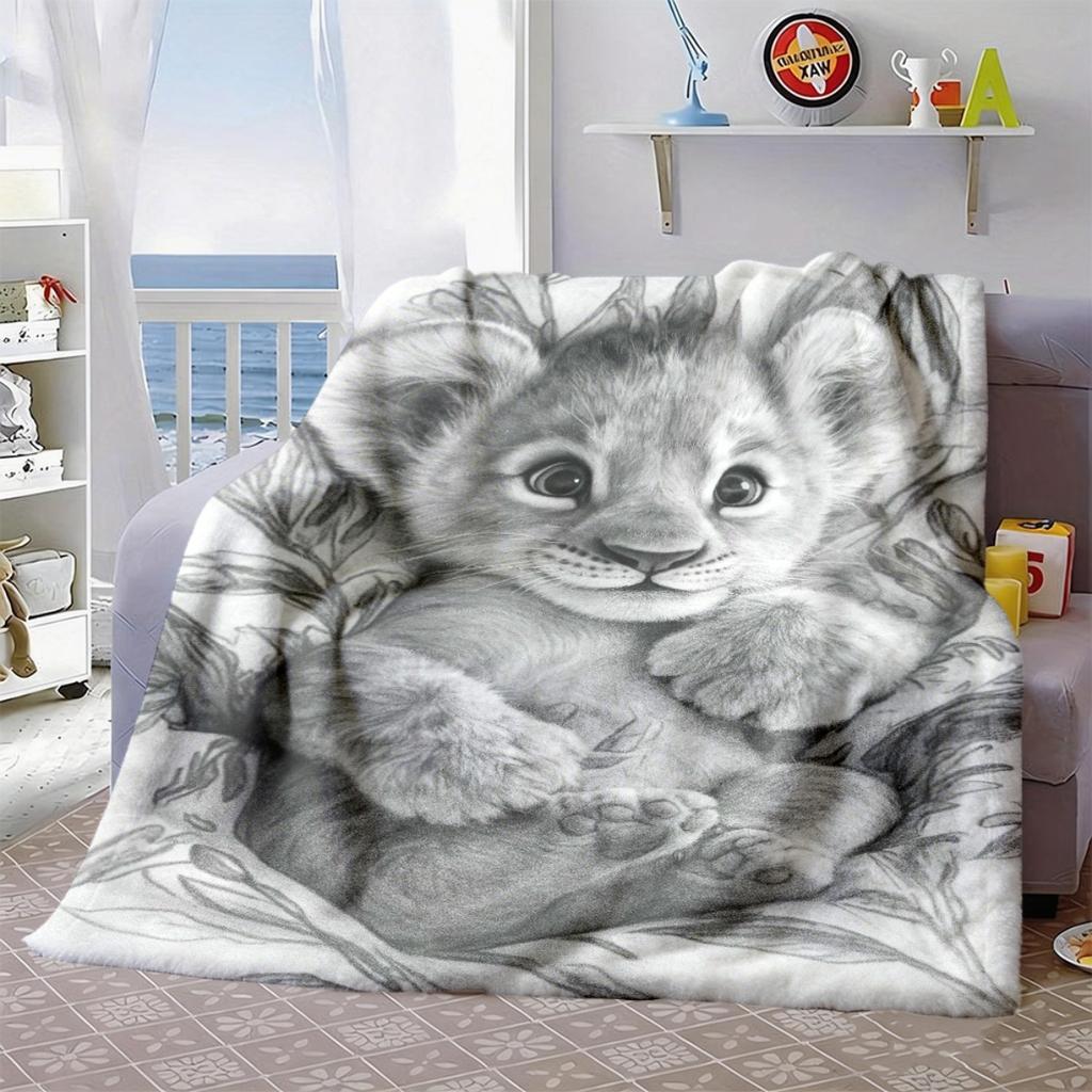 2026 New Arrivals 1 Modern Style Baby Lion Pattern Blanket Black And White Single-Sided Design, Soft Durable Fabric, Suitable for Bed, Sofa, Travel &