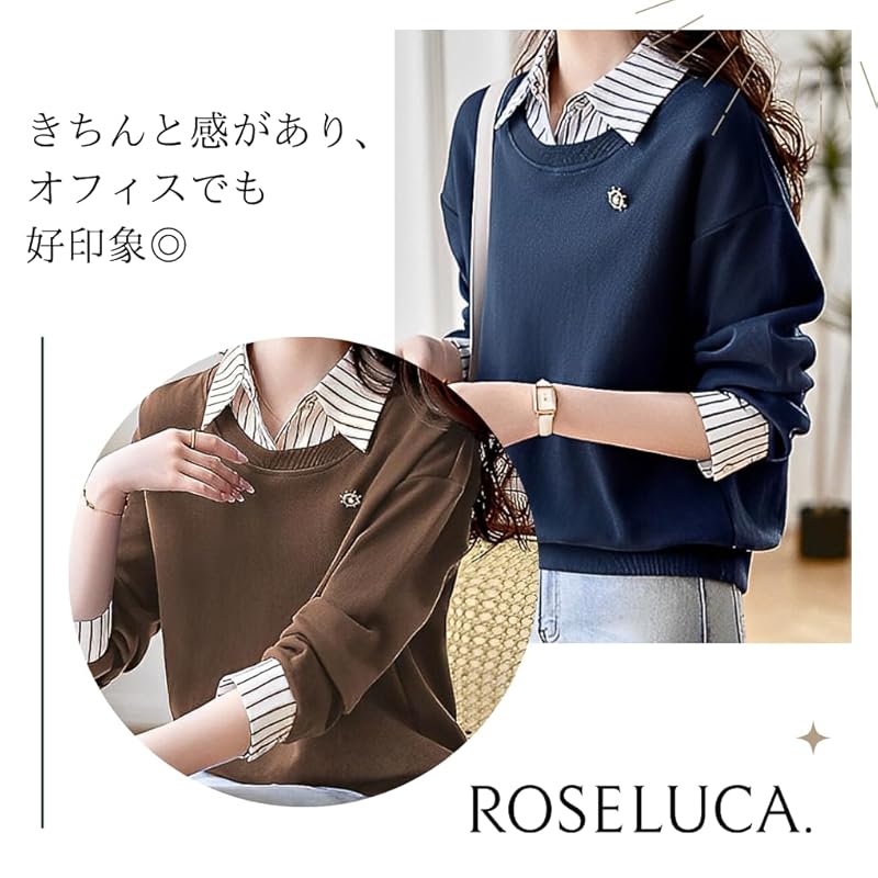 [ROSELUCA.] Layered Style Cut and Sew Tops Ladies Pullover Spring Long Sleeve Simple Casual Navy M