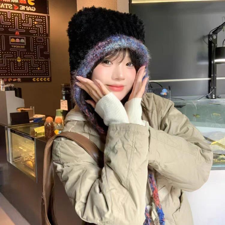 Bear Ears Plush Hat for Women in Winter Versatile Warm Ear Protection Knitted Hat Korean Style Large Head Circumference Woolen Hat