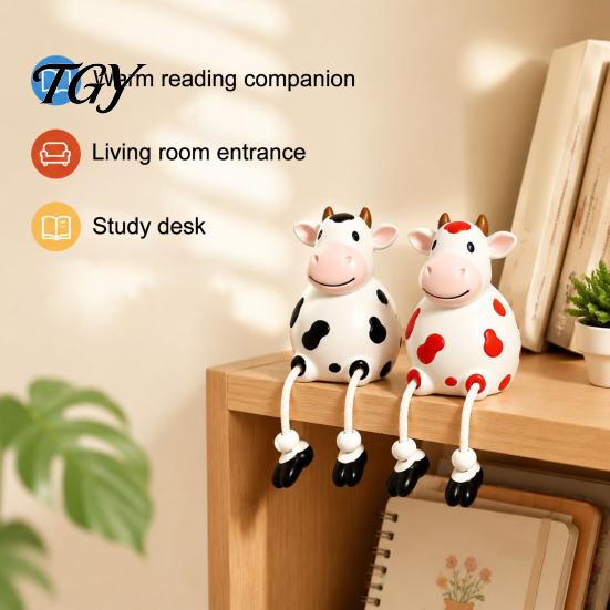 Cow Figurine Resin Statue, Cute Shelf Sitter with Dangling Rope Legs, Garden Decor for Patio Cartoon Farmhouse Animal Ornament Fence Railing, Planter,