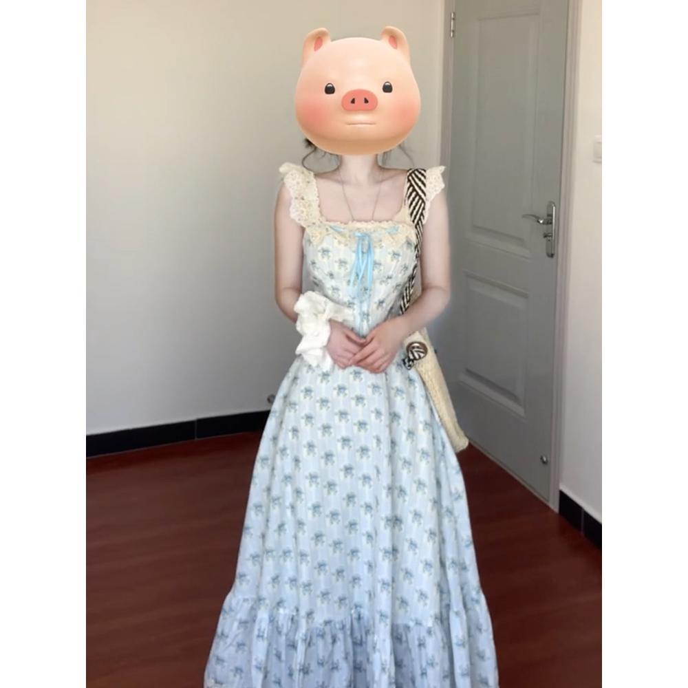 Blue floral square neck suspender dress children's summer new spring wear suit