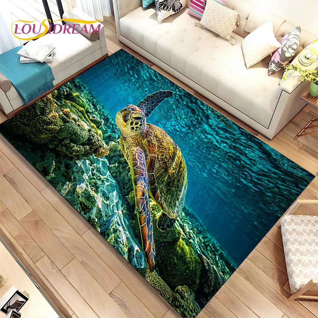 3D Seabed Underwater World Dolphin Turtle Area Rug,Carpet Rug for Living Room Bedroom Sofa Doormat,kids Play Non-slip Floor Mat